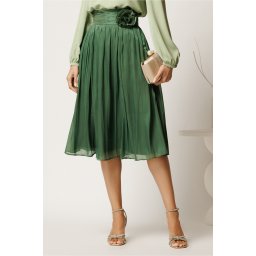 Fusta DY Fashion midi verde in clos din voal cu insertii din fir lurex si floare in talie