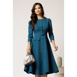 Rochie DY Fashion midi albastru petrol din stofa clos cu nasturi si curea