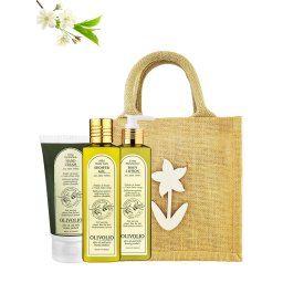 Set sacosa iuta, figurina lemn si cosmetice pentru corp, cu ulei de masline