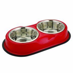 Bol dublu pentru hrana animale cu suport gumat, inox, diametru bol 11 cm, rosu
