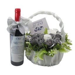 Cadou Nuntă de Argint, sticlă vin și coș cu flori, Iubiți Nași - ILIF509019