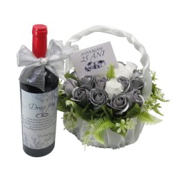 Cadou Nuntă de Argint, sticlă vin și coș cu flori, Dragi Fini - ILIF509018