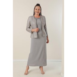 By Saygı Long Crepe Dress with Stones and Lined Collar, Sequin Jacket Plus Size 2-Piece Suit