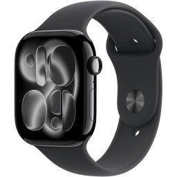 Apple Watch 11 GPS, Carcasa Jet Black Aluminium 42mm, Black Sport Band - S/M