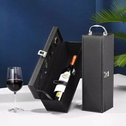 Cutie de vin Vinic pentru 1 sticla cu accesorii de vin incluse piele ecologica neagra eleganta