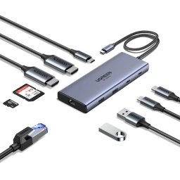 Hub USB-C la 3x Type-C, 2x USB-A, 2x HDMI, RJ45, TF, SD Card, PD100W, 1000Mbps -