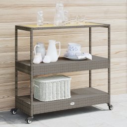 Gossi carucior de bar, 3 niveluri, gri, poliratan, lemn masiv acacia