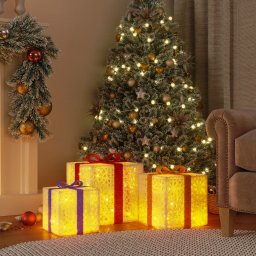 Gossi cutii de craciun iluminate, 3 buc., 64 led-uri, alb cald