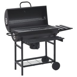 Gossi gratar tip butoi cu roti si rafturi, negru, 115x85x95 cm, otel