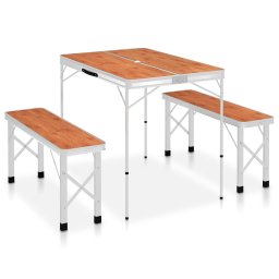 Gossi masa de camping pliabila cu 2 banci, maro, aluminiu