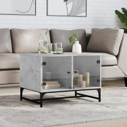 Gossi masuta de cafea cu usi din sticla, gri beton, 68,5x50x50 cm