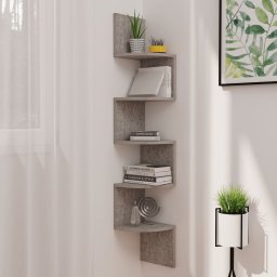 Gossi raft de perete de colt, gri beton, 19x19x123 cm, lemn prelucrat