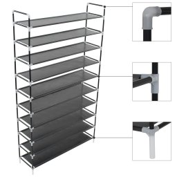 Gossi raft pantofi 10 etajere, metal si material textil netesut negru