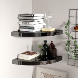 Gossi rafturi colt perete, 2 buc., negru extralucios 35x35x3,8 cm mdf