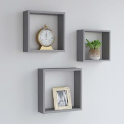 Gossi rafturi cub de perete, 3 buc., gri, mdf