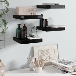 Gossi rafturi de perete 4 buc. negru extralucios 23x23,5x3,8 cm, mdf