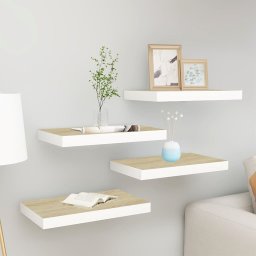 Gossi rafturi perete suspendate 4 buc. alb/stejar 50x23x3,8cm mdf