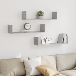 Gossi rafturi perete, 3 buc., gri beton, 80x18x18 cm, lemn prelucrat