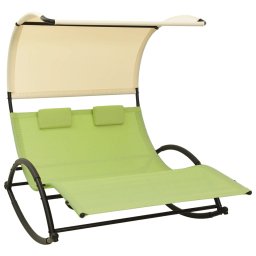 Gossi sezlong de plaja dublu cu baldachin, verde si crem, textilena