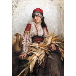 Tablou cu rama de lemn GM056, Taranca tanara romanca, dupa Franciszek Ejsmond, Pictura cu Diamante, Goblen cu pietre 5D, 50 x 40 cm - Krista A