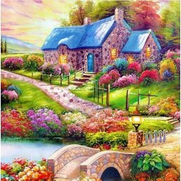 Tablou cu rama de lemn GM040, Casuta cu pod de piatra, Pictura cu Diamante, Goblen cu pietre 5D, 40 x 50 cm