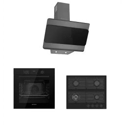 Cuptor Pachet incorporabil Studio Casa Black Rialto, Cuptor electric sticla neagra, Plita gaz neagra si hota decorativa sticla neagra, 78 l, 7 functii, Ventilator, Autocuratare catalitica, Clasa energetica A, Sticla neagra
