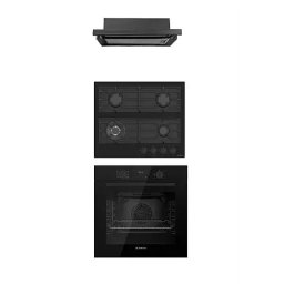 Cuptor Pachet incorporabil Studio Casa Tele Rialto, Cuptor electric sticla neagra, Plita gaz neagra si hota telescopica neagra, 78 l, 7 functii, Ventilator, Autocuratare catalitica, Clasa energetica A, Sticla neagra
