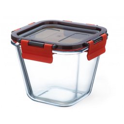 Vas termorezistent patrat cu capac plastic CLICK 0.9 l