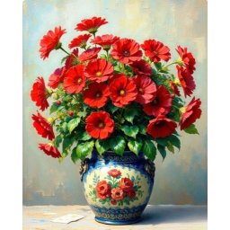 Tablou GM1016 Goblen Diamante Patrate, cu rama, 50 x 40 cm, Vaza cu Flori Gerbera rosii