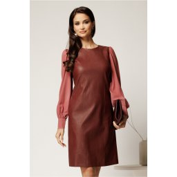 Rochie DY Fashion din piele ecologica burgundy cu maneci din voal roz