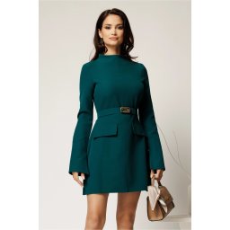 Rochie scurta verde din stofa cu clapete tip buzunare si curea in talie