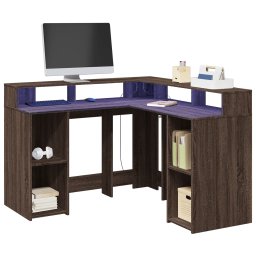 Gossi birou cu lumini led, stejar maro, 130x130x91 cm, lemn prelucrat