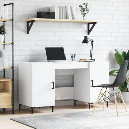 Gossi birou, alb extralucios, 140x50x75 cm, lemn compozit