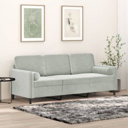 Gossi canapea cu 3 locuri cu pernute, gri deschis, 180 cm, catifea