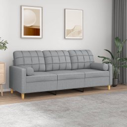 Gossi canapea cu 3 locuri cu pernute, gri deschis, 180 cm, textil