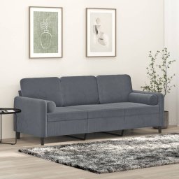 Gossi canapea cu 3 locuri cu pernute, gri inchis, 180 cm, catifea