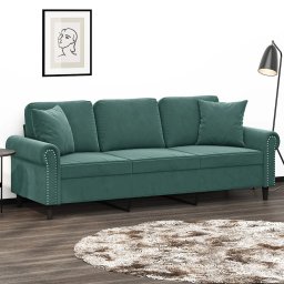 Gossi canapea cu 3 locuri cu pernute, verde inchis, 180 cm, catifea