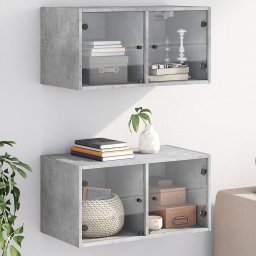 Gossi dulapuri de perete cu usi sticla 2 buc. gri beton 68,5x37x35 cm
