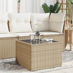 Gossi masa de gradina cu blat din sticla, bej, 55x55x37 cm, poliratan
