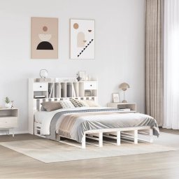Gossi pat cu biblioteca fara saltea, alb, 140x200 cm, lemn masiv pin