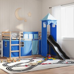 Gossi pat supraetajat cu tobogan si perdele, albastru, 90x190 cm