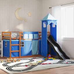 Gossi pat supraetajat cu tobogan si perdele, albastru, 90x200 cm