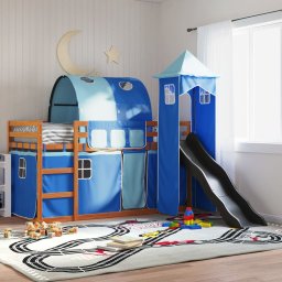 Gossi pat supraetajat cu tobogan si perdele, albastru, 90x200 cm