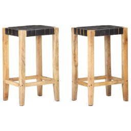 Gossi scaune de bar, 2 buc., negru, piele naturala, 75 cm