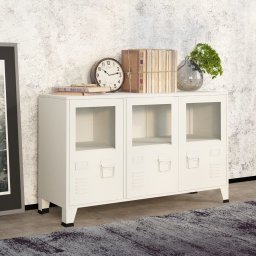 Gossi servanta industriala, alb, 105x35x62 cm, metal si sticla