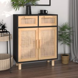Gossi servanta, negru, 60x30x75 cm, lemn masiv pin si ratan natural