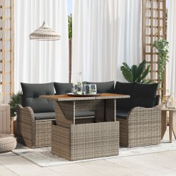 Gossi set 5 piese gradina cu perne gri ratan poliratan acacia, Gossi canapea gradina 2 locuri cu perne gri ratan poliratan