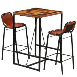 Gossi set bar, 3 piese, lemn masiv reciclat & piele naturala de capra