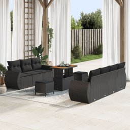 Gossi set canapea de gradina cu 10 piese cu perne ratan poli negru acacia, Gossi set de dining de gradina cu 3 piese cu perne ratan poli negru acacia