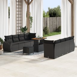 Gossi set canapea gradina 11 piese cu perne negru ratan poliesteric lemn acacia
